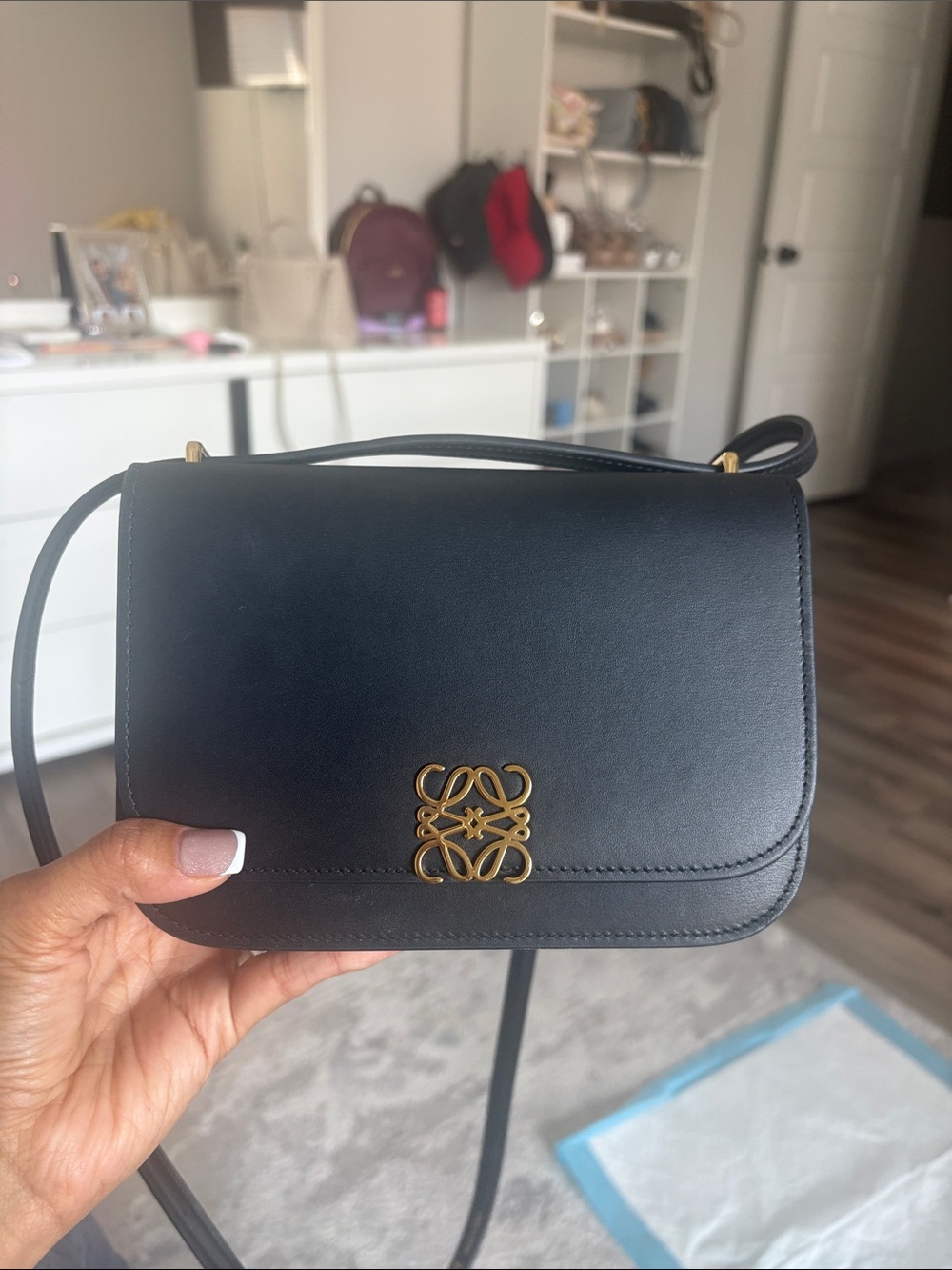 Black Leather Crossbody Bag with Gold Accent